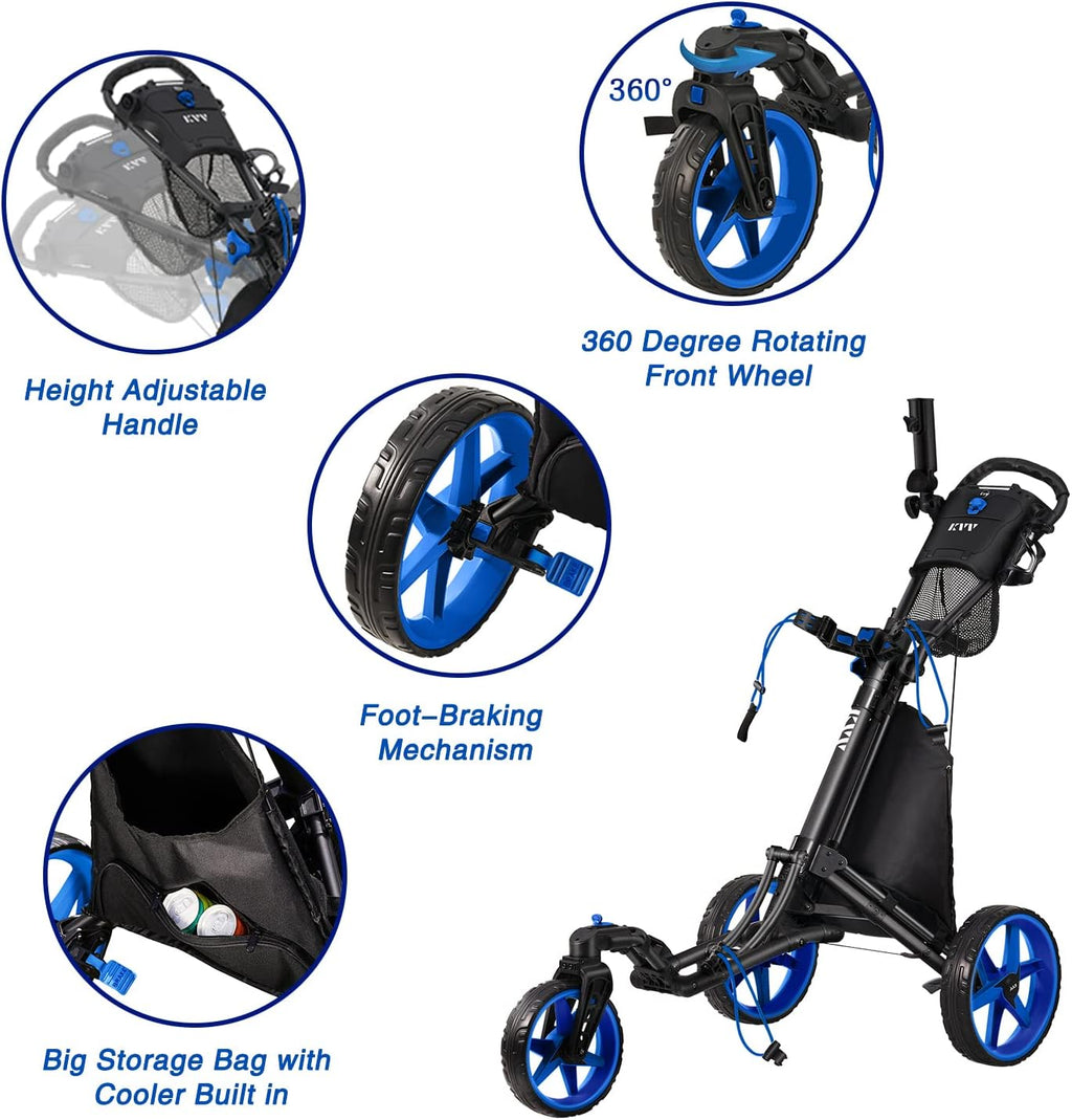 KVV 3 Wheel 360 Rotating Front Wheel Golf Push Cart Open and Close in ONE Second-Free Umbrella Holder Included